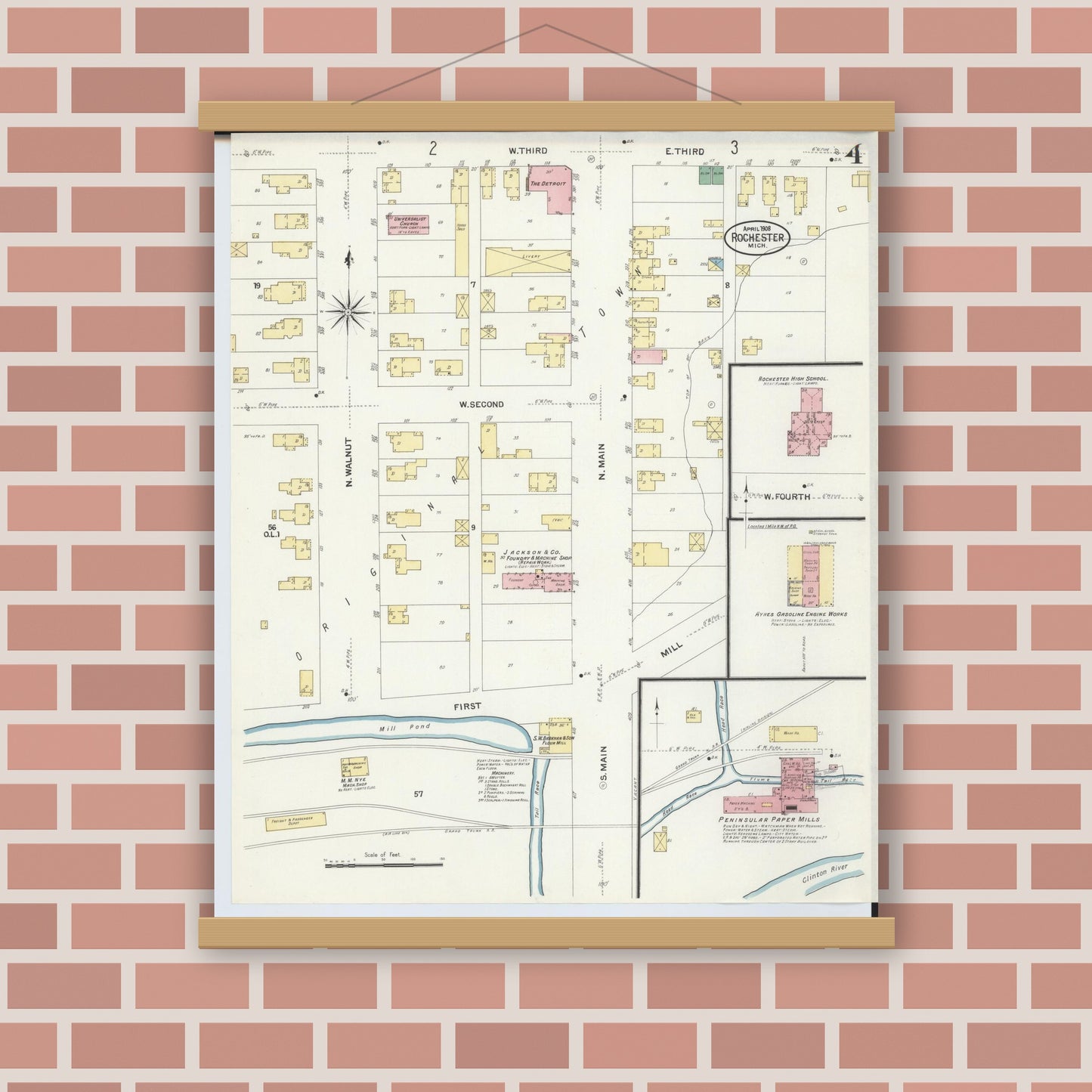 Old map wall art mockup — magnetic wood frame on brick wall — Sanborn Fire Insurance Map from Rochester, Oakland County, Michigan (1908), Sheet #0004