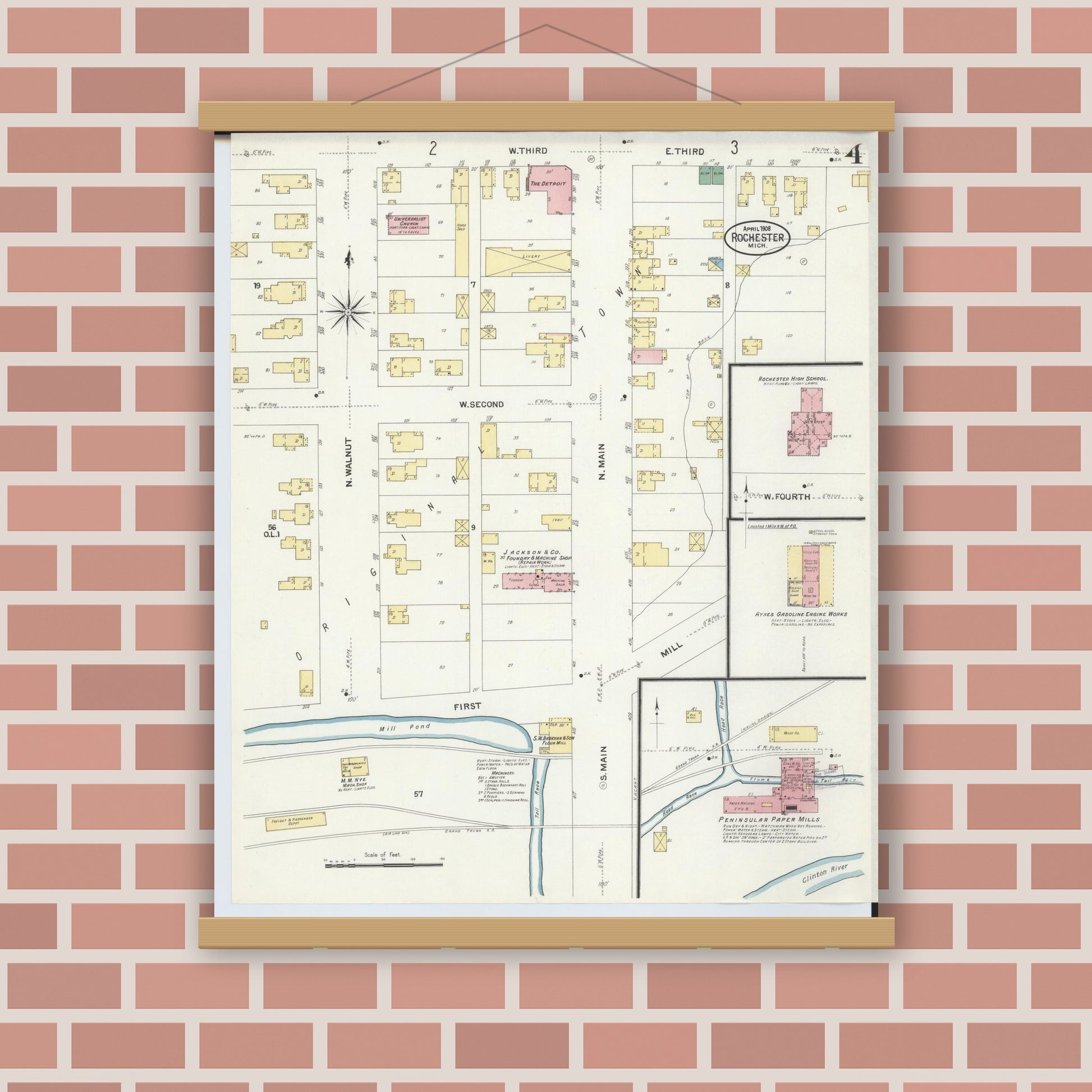 Old map wall art mockup — magnetic wood frame on brick wall — Sanborn Fire Insurance Map from Rochester, Oakland County, Michigan (1908), Sheet #0004