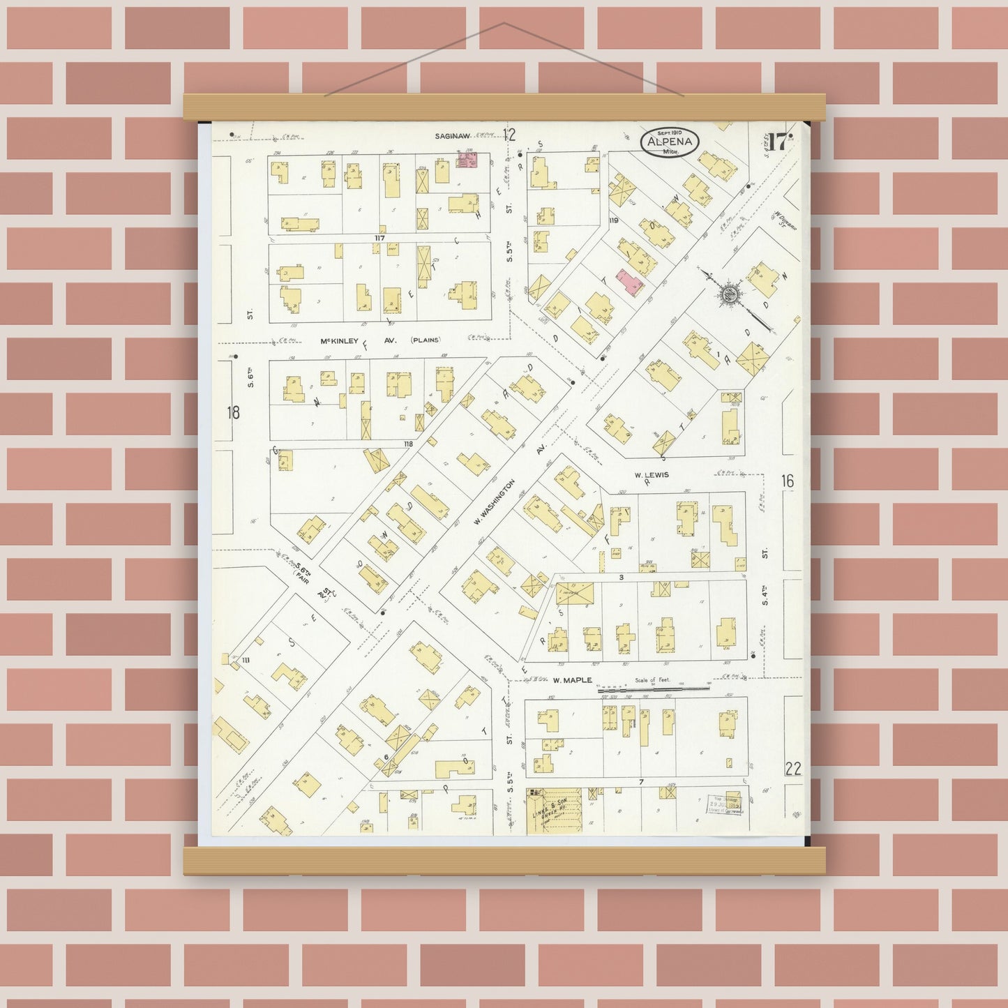 Old map wall art mockup — magnetic wood frame on brick wall — Sanborn Fire Insurance Map from Alpena, Alpena County, Michigan (1910), Sheet #0017