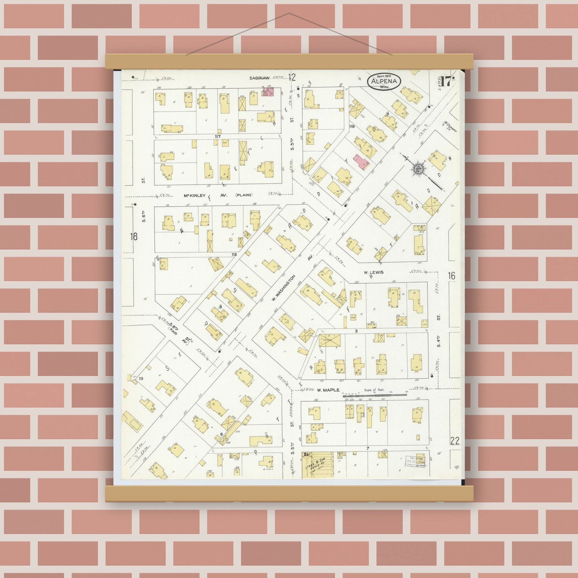 Old map wall art mockup — magnetic wood frame on brick wall — Sanborn Fire Insurance Map from Alpena, Alpena County, Michigan (1910), Sheet #0017