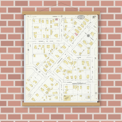 Old map wall art mockup — magnetic wood frame on brick wall — Sanborn Fire Insurance Map from Alpena, Alpena County, Michigan (1910), Sheet #0017