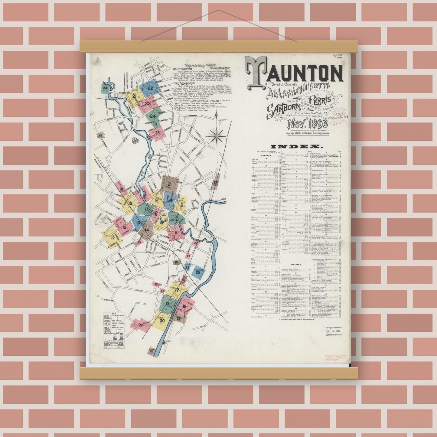 Old map wall art mockup — magnetic wood frame on brick wall — Sanborn Fire Insurance Map from Taunton, Bristol County, Massachusetts (1893) - Complete Map Set