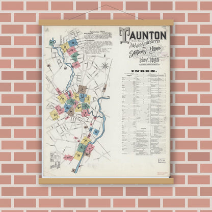 Old map wall art mockup — magnetic wood frame on brick wall — Sanborn Fire Insurance Map from Taunton, Bristol County, Massachusetts (1893) - Complete Map Set