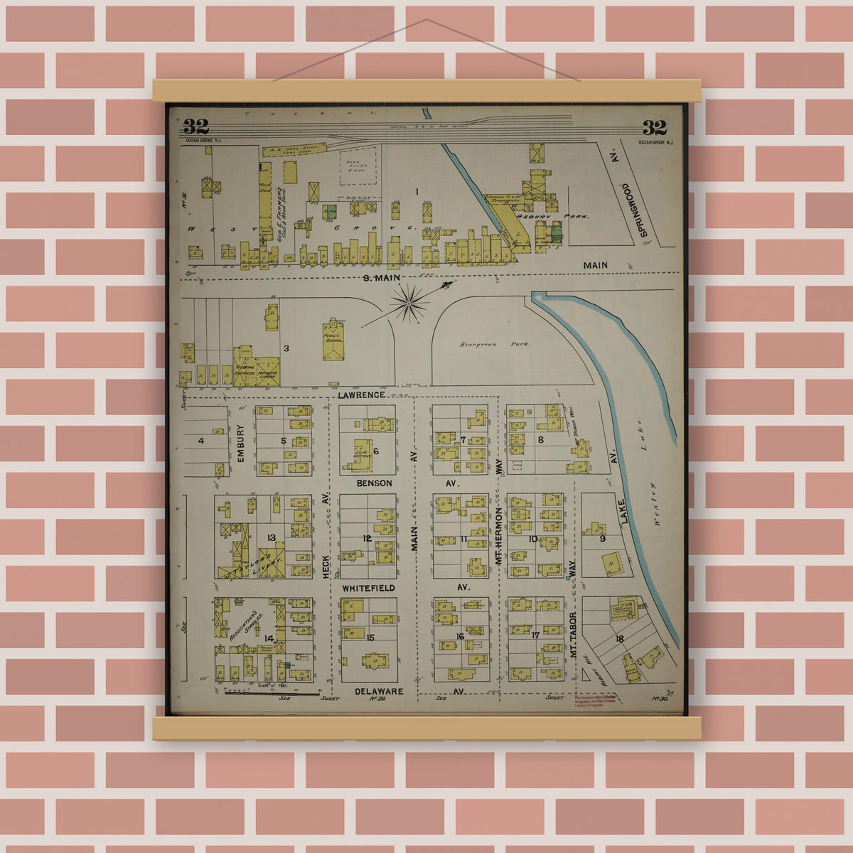 Old map wall art mockup — magnetic wood frame on brick wall — Sanborn Fire Insurance Map from New Jersey Coast, New Jersey Coast, New Jersey (1890), Sheet #0032
