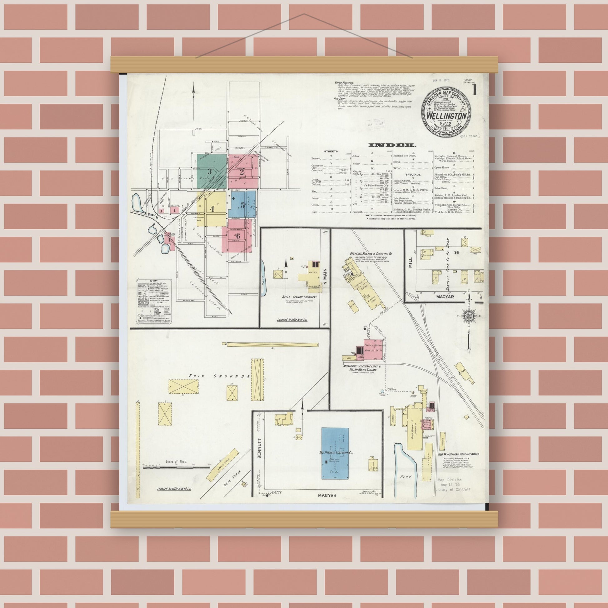 Old map wall art mockup — magnetic wood frame on brick wall — Sanborn Fire Insurance Map from Wellington, Lorain County, Ohio (1911) - Complete Map Set