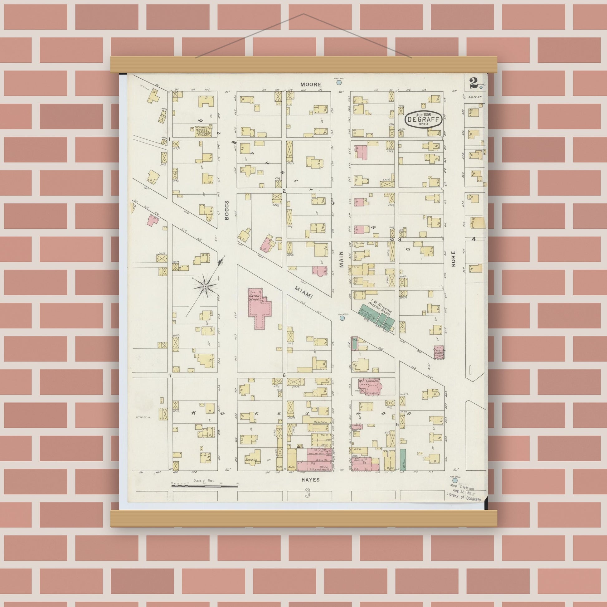 Old map wall art mockup — magnetic wood frame on brick wall — Sanborn Fire Insurance Map from Degraff, Logan County, Ohio (1895), Sheet #0002
