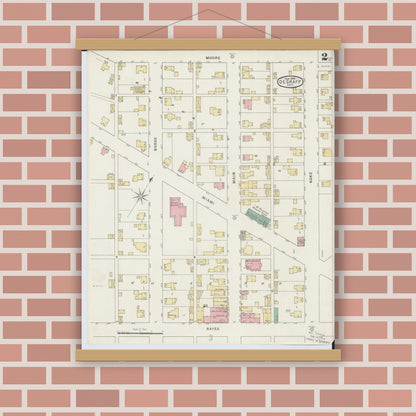 Old map wall art mockup — magnetic wood frame on brick wall — Sanborn Fire Insurance Map from Degraff, Logan County, Ohio (1895), Sheet #0002