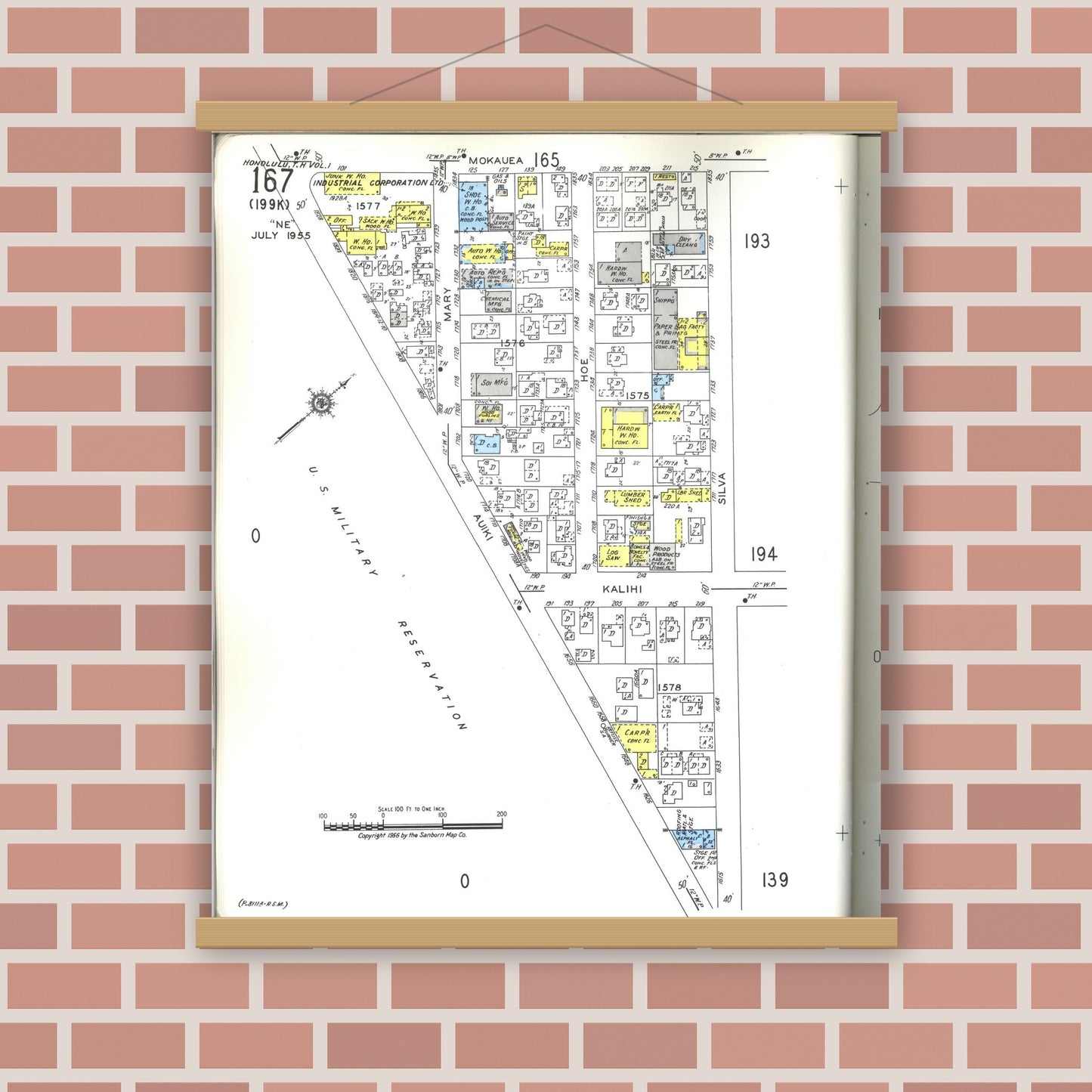 Old map wall art mockup — magnetic wood frame on brick wall — Sanborn Fire Insurance Map from Honolulu, Oahu County, Hawaii (1955), Sheet #0167