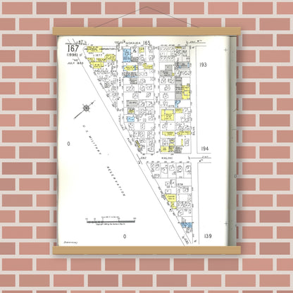 Old map wall art mockup — magnetic wood frame on brick wall — Sanborn Fire Insurance Map from Honolulu, Oahu County, Hawaii (1955), Sheet #0167