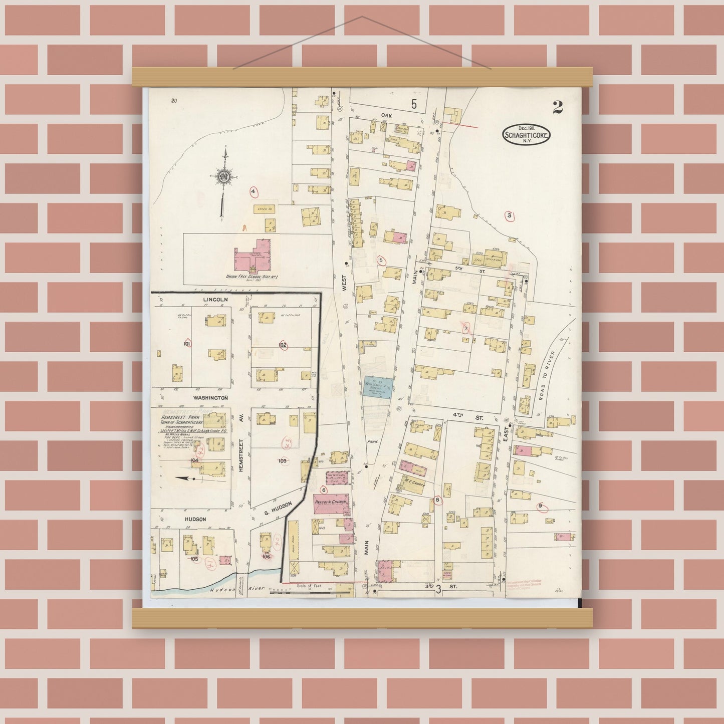 Old map wall art mockup — magnetic wood frame on brick wall — Sanborn Fire Insurance Map from Schaghticoke, Rensselaer County, New York (1938), Sheet #0002
