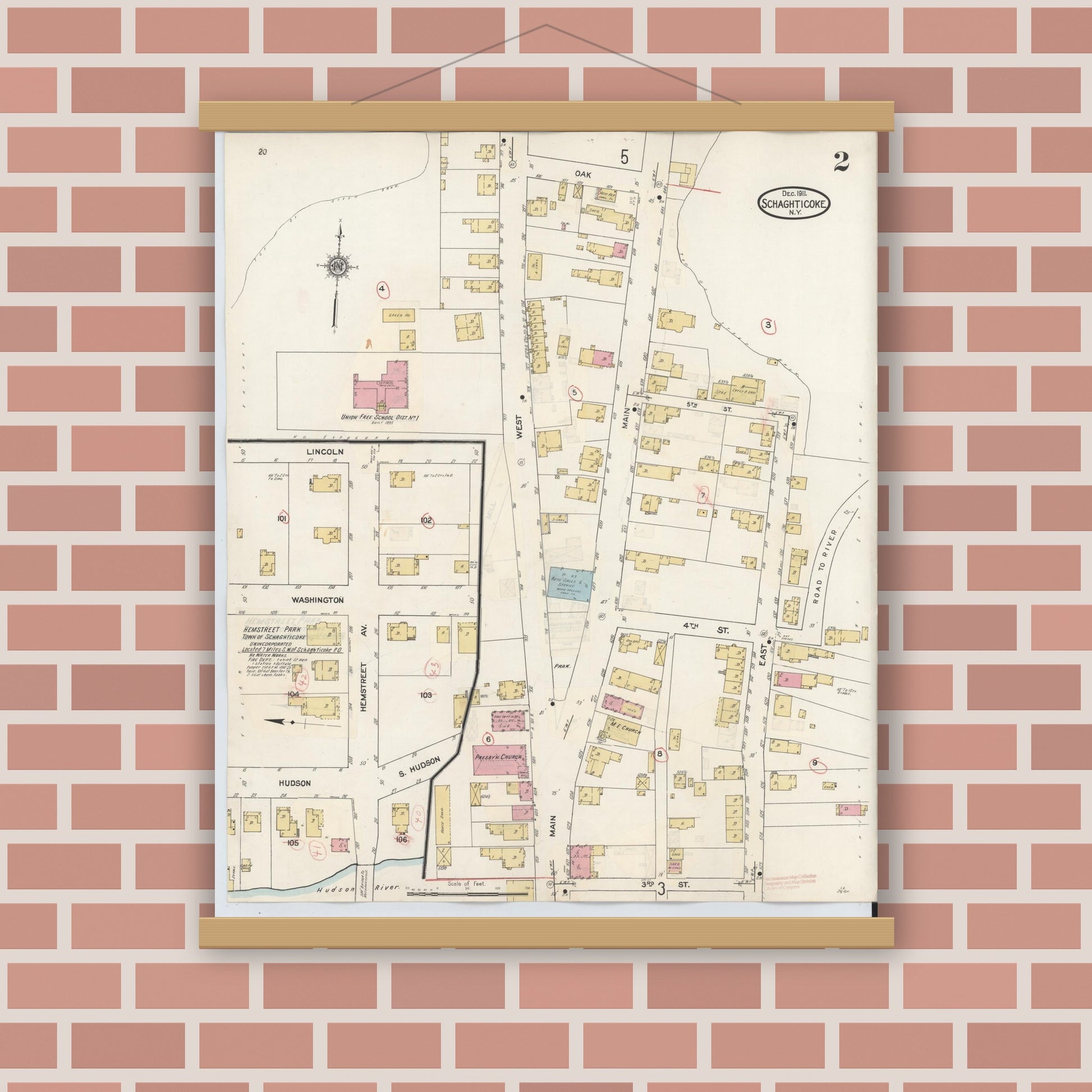 Old map wall art mockup — magnetic wood frame on brick wall — Sanborn Fire Insurance Map from Schaghticoke, Rensselaer County, New York (1938), Sheet #0002