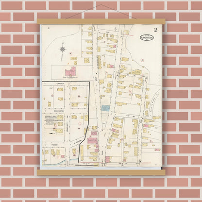 Old map wall art mockup — magnetic wood frame on brick wall — Sanborn Fire Insurance Map from Schaghticoke, Rensselaer County, New York (1938), Sheet #0002