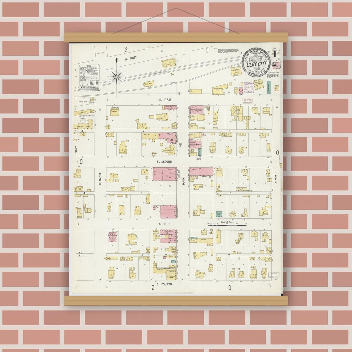 Old map wall art mockup — magnetic wood frame on brick wall — Sanborn Fire Insurance Map from Clay City, Clay County, Illinois (1907), Sheet #0001