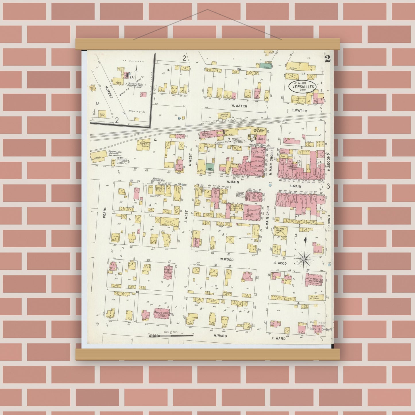 Old map wall art mockup — magnetic wood frame on brick wall — Sanborn Fire Insurance Map from Versailles, Darke County, Ohio (1898), Sheet #0002