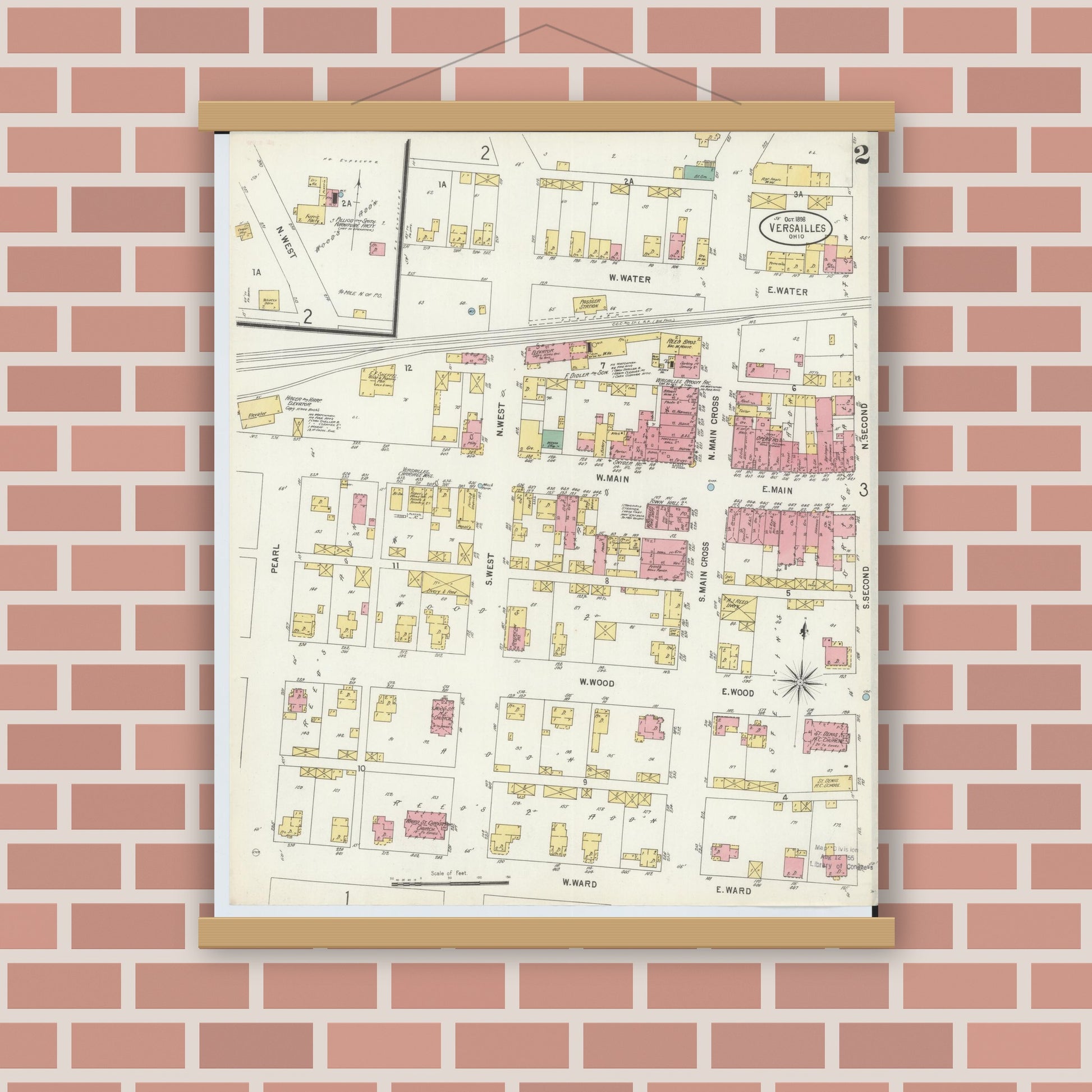 Old map wall art mockup — magnetic wood frame on brick wall — Sanborn Fire Insurance Map from Versailles, Darke County, Ohio (1898), Sheet #0002