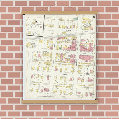 Old map wall art mockup — magnetic wood frame on brick wall — Sanborn Fire Insurance Map from Versailles, Darke County, Ohio (1898), Sheet #0002