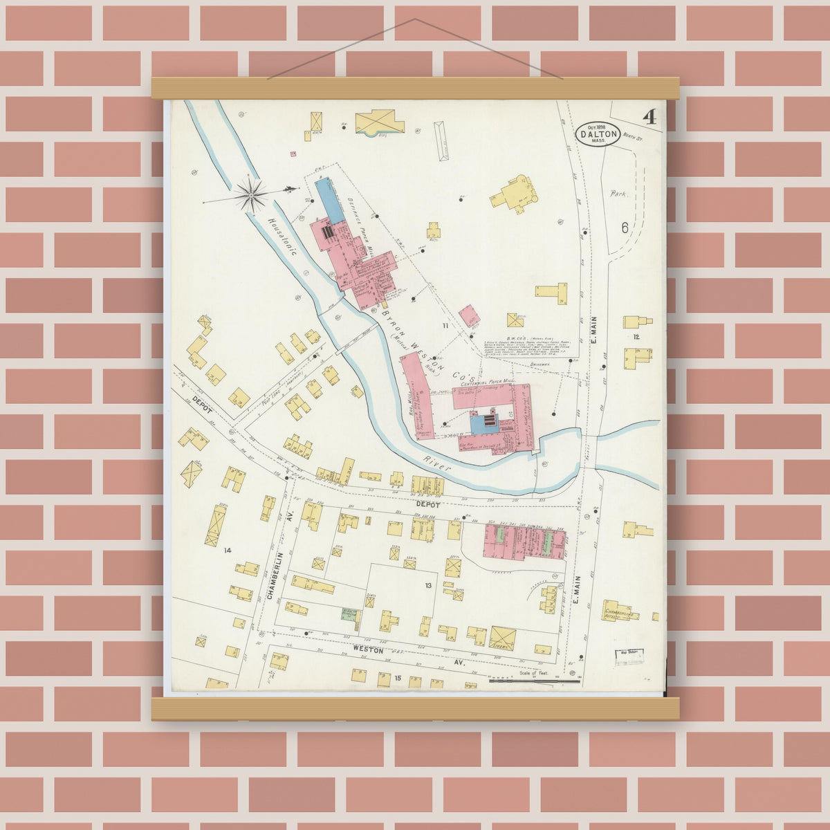 Old map wall art mockup — magnetic wood frame on brick wall — Sanborn Fire Insurance Map from Dalton, Berkshire County, Massachusetts (1898), Sheet #0004