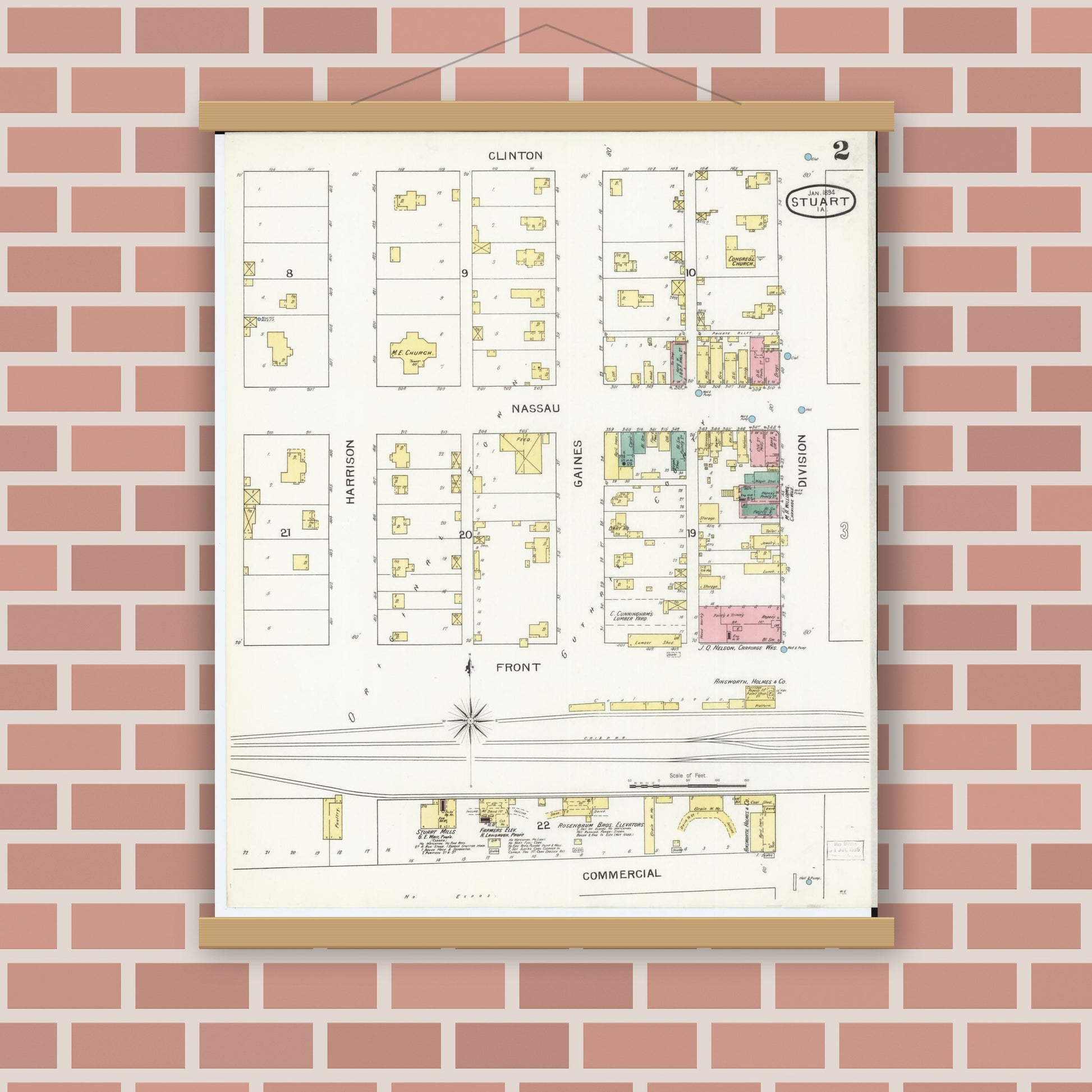 Old map wall art mockup — magnetic wood frame on brick wall — Sanborn Fire Insurance Map from Stuart, Guthrie and Adair Counties, Iowa (1894), Sheet #0002