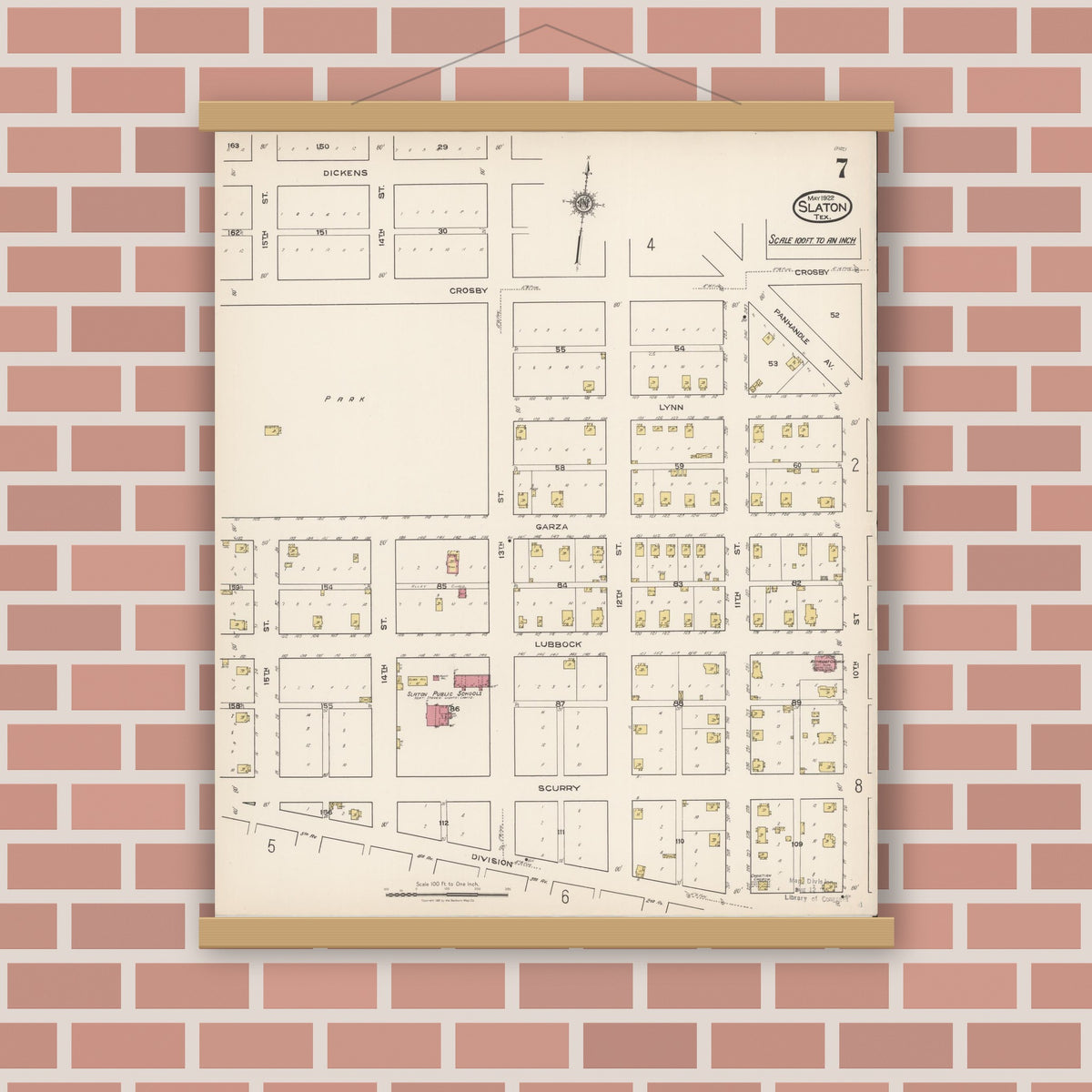 Old map wall art mockup — magnetic wood frame on brick wall — Sanborn Fire Insurance Map from Slaton, Lubbock County, Texas (1922), Sheet #0007