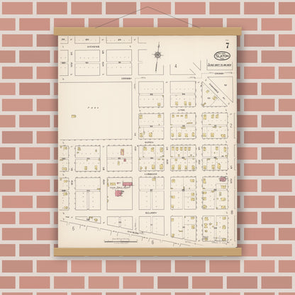Old map wall art mockup — magnetic wood frame on brick wall — Sanborn Fire Insurance Map from Slaton, Lubbock County, Texas (1922), Sheet #0007