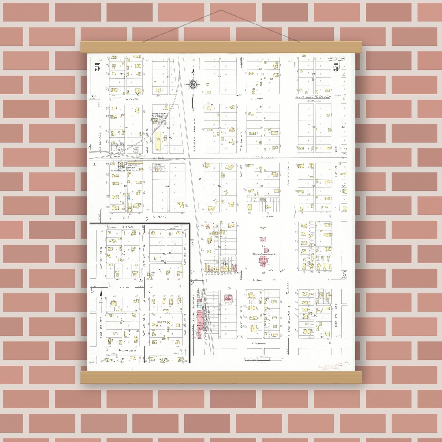 Old map wall art mockup — magnetic wood frame on brick wall — Sanborn Fire Insurance Map from Onawa, Monona County, Iowa (1934), Sheet #0005