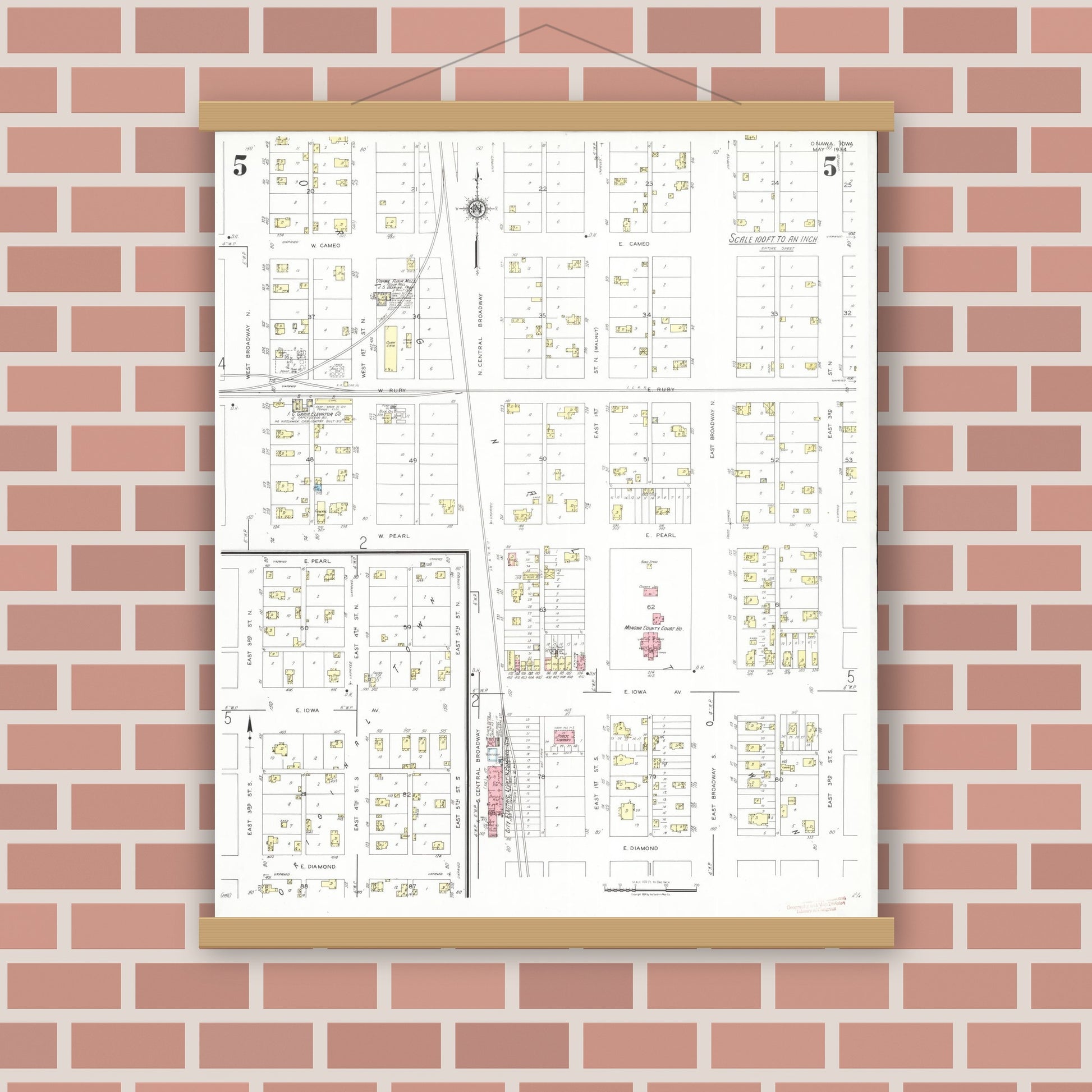 Old map wall art mockup — magnetic wood frame on brick wall — Sanborn Fire Insurance Map from Onawa, Monona County, Iowa (1934), Sheet #0005