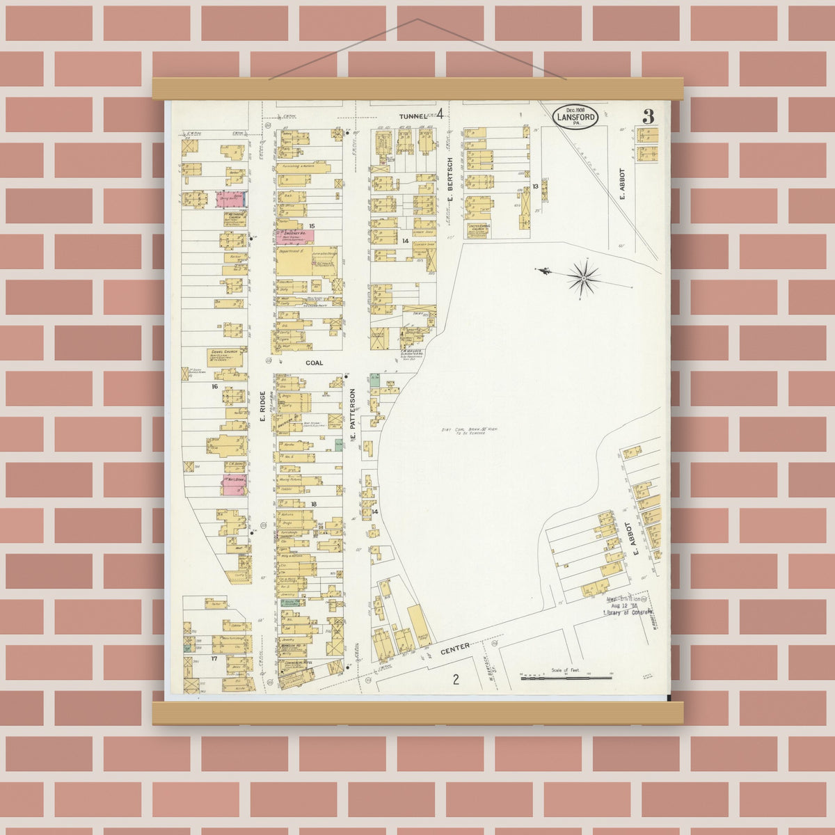 Old map wall art mockup — magnetic wood frame on brick wall — Sanborn Fire Insurance Map from Lansford, Carbon County, Pennsylvania (1908), Sheet #0003