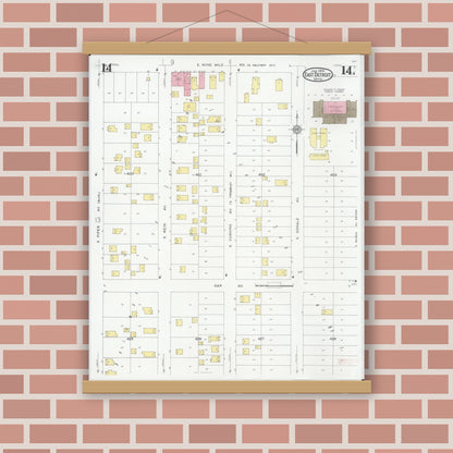 Old map wall art mockup — magnetic wood frame on brick wall — Sanborn Fire Insurance Map from East Detroit, Macomb County, Michigan (1931), Sheet #0014