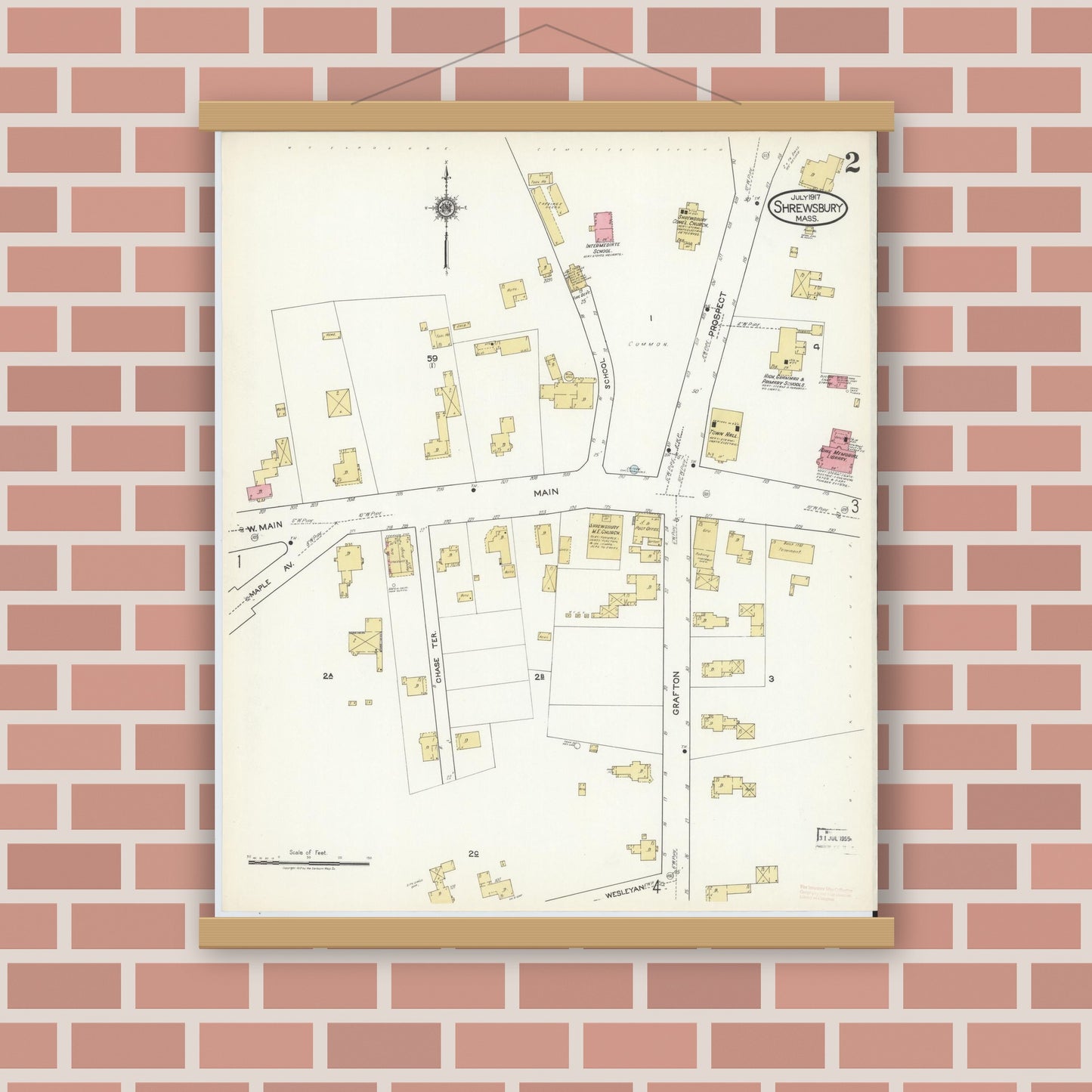 Old map wall art mockup — magnetic wood frame on brick wall — Sanborn Fire Insurance Map from Shrewsbury, Worcester County, Massachusetts (1917), Sheet #0002