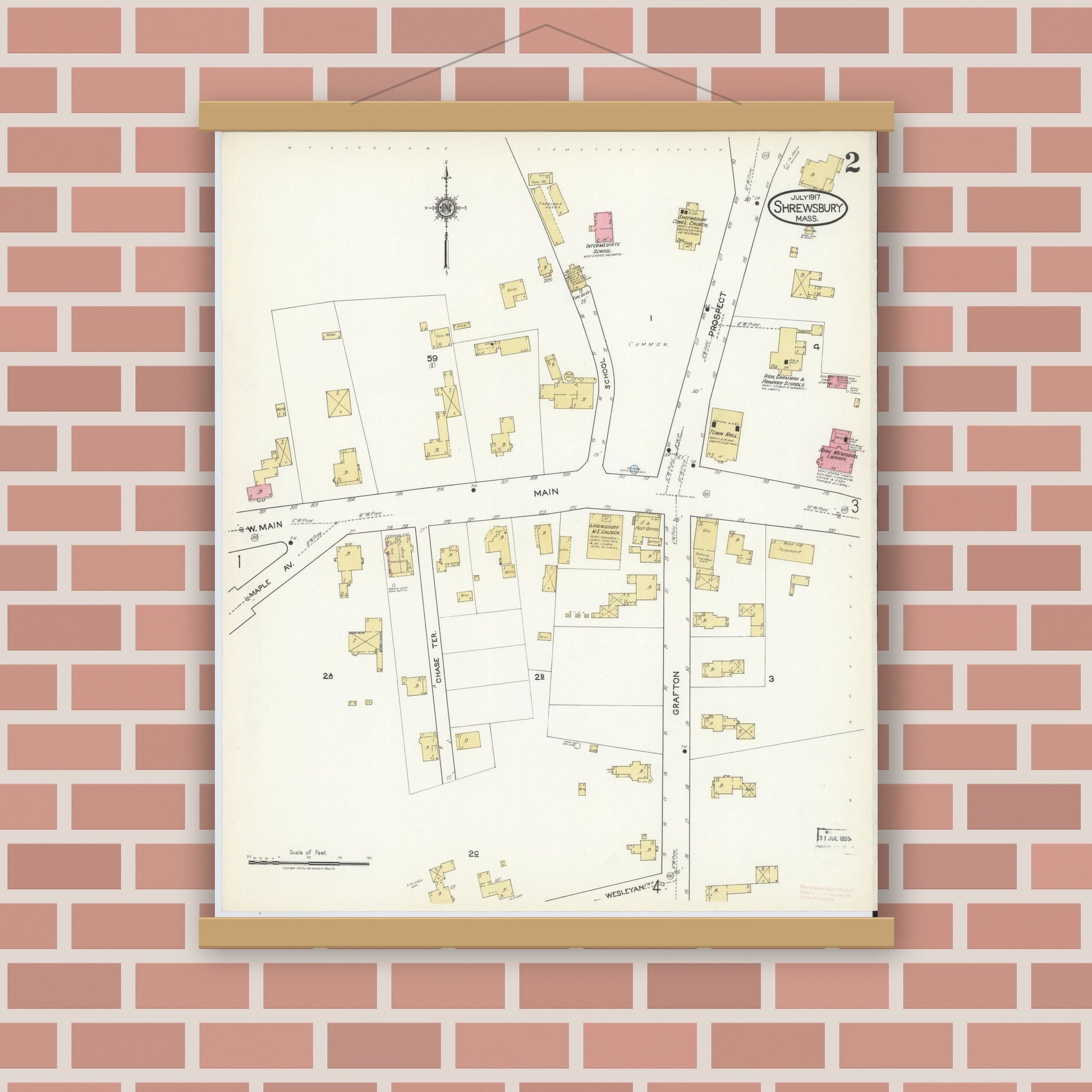 Old map wall art mockup — magnetic wood frame on brick wall — Sanborn Fire Insurance Map from Shrewsbury, Worcester County, Massachusetts (1917), Sheet #0002