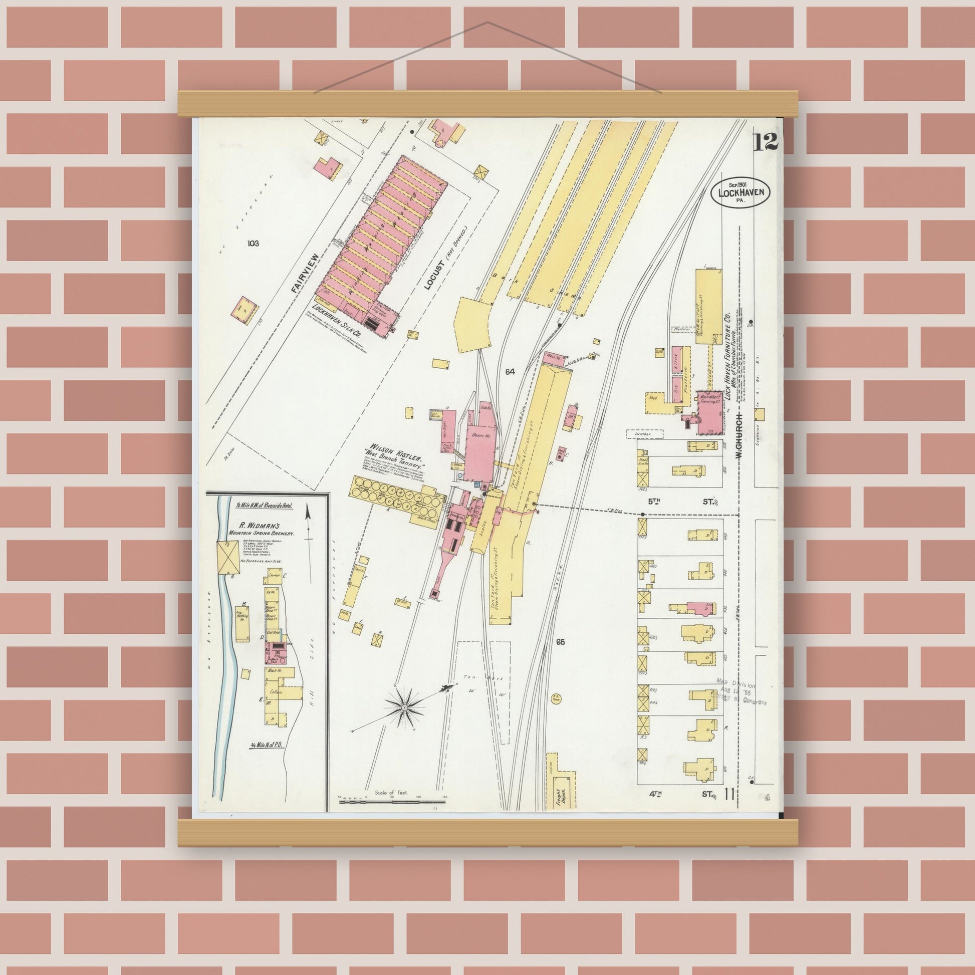 Old map wall art mockup — magnetic wood frame on brick wall — Sanborn Fire Insurance Map from Lock Haven, Clinton County, Pennsylvania (1901), Sheet #0012