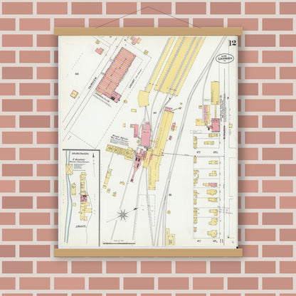 Old map wall art mockup — magnetic wood frame on brick wall — Sanborn Fire Insurance Map from Lock Haven, Clinton County, Pennsylvania (1901), Sheet #0012