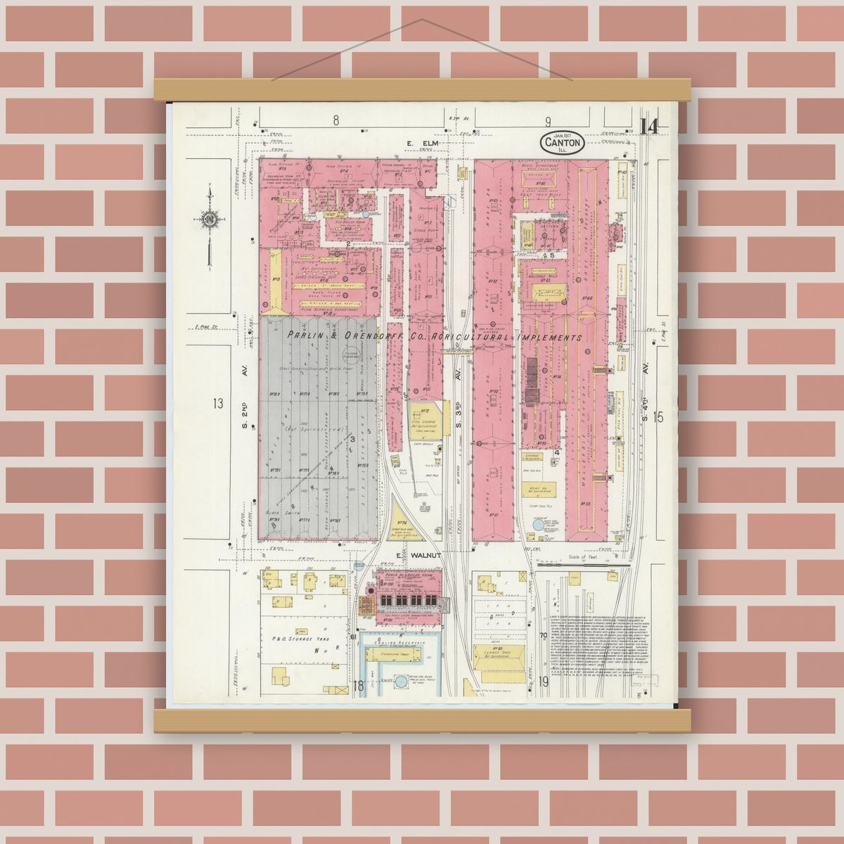Old map wall art mockup — magnetic wood frame on brick wall — Sanborn Fire Insurance Map from Canton, Fulton County, Illinois (1917), Sheet #0014