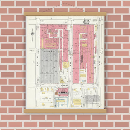 Old map wall art mockup — magnetic wood frame on brick wall — Sanborn Fire Insurance Map from Canton, Fulton County, Illinois (1917), Sheet #0014