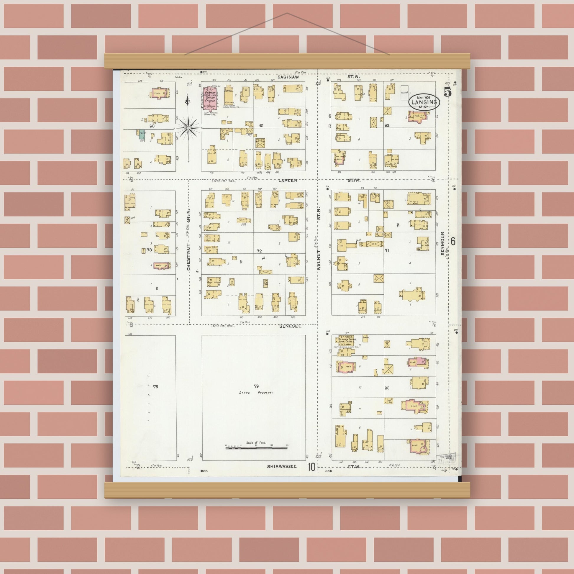 Old map wall art mockup — magnetic wood frame on brick wall — Sanborn Fire Insurance Map from Lansing, Ingham County, Michigan (1906), Sheet #0005