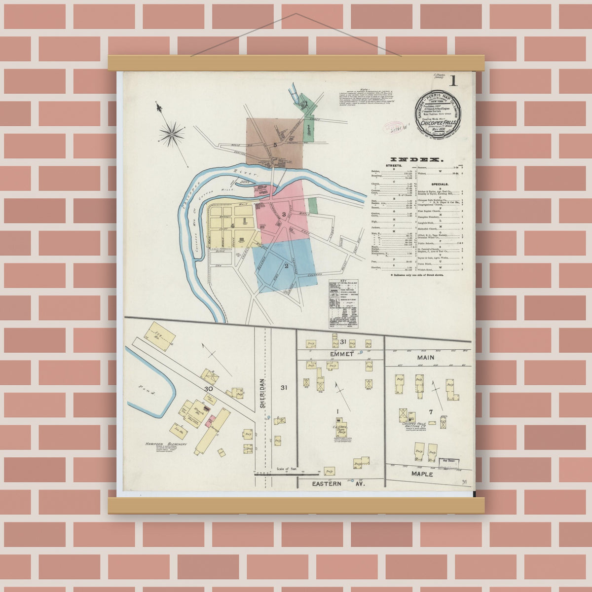 Old map wall art mockup — magnetic wood frame on brick wall — Sanborn Fire Insurance Map from Chicopee Falls, Hampden County, Massachusetts (1891) - Complete Map Set