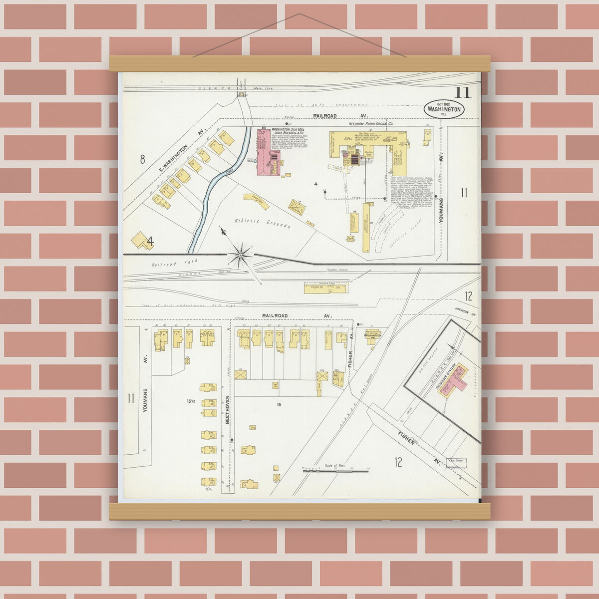 Old map wall art mockup — magnetic wood frame on brick wall — Sanborn Fire Insurance Map from Washington, Warren County, New Jersey (1902), Sheet #0011