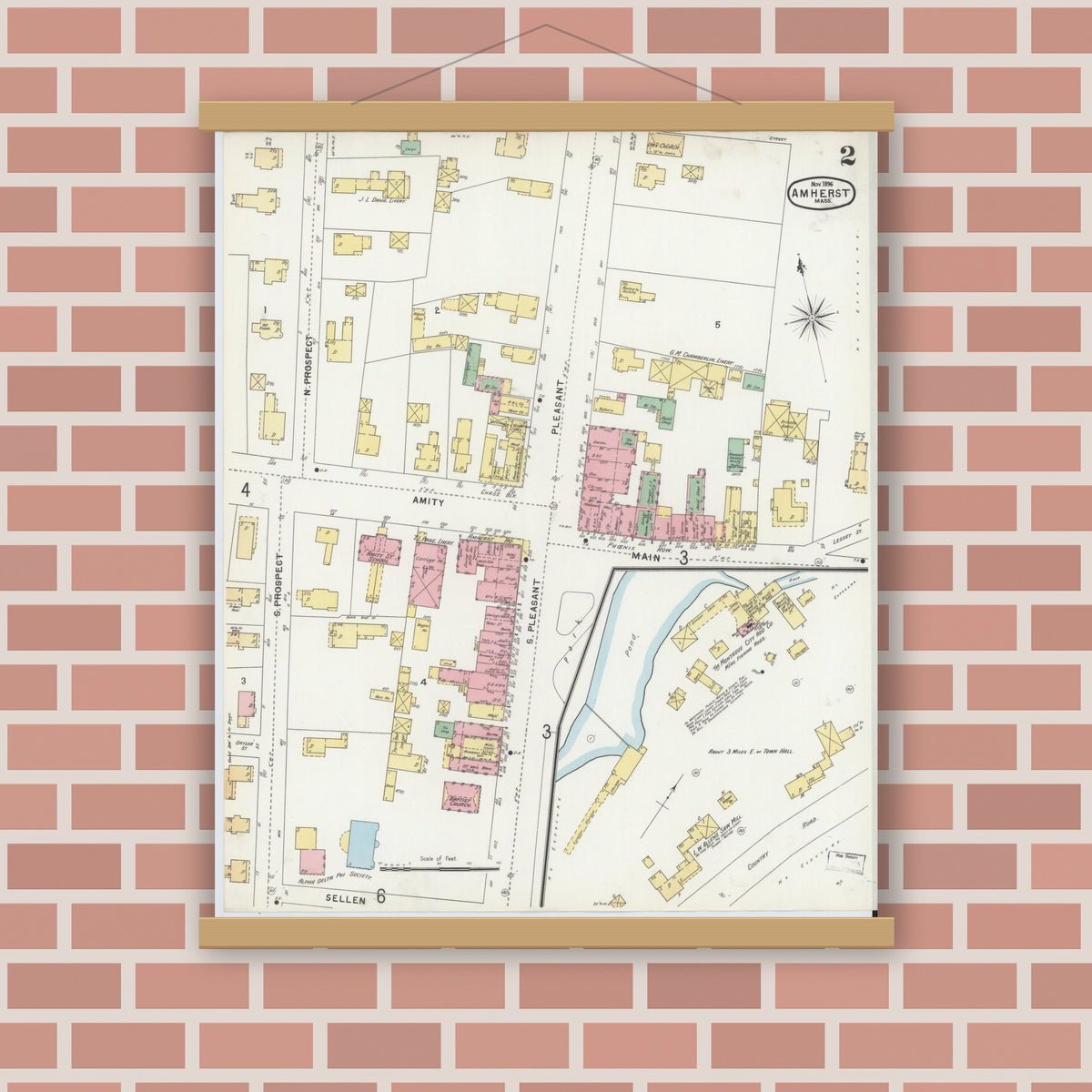 Old map wall art mockup — magnetic wood frame on brick wall — Sanborn Fire Insurance Map from Amherst, Hampshire County, Massachusetts (1896), Sheet #0002