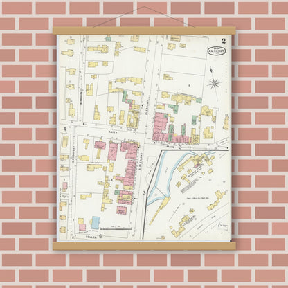 Old map wall art mockup — magnetic wood frame on brick wall — Sanborn Fire Insurance Map from Amherst, Hampshire County, Massachusetts (1896), Sheet #0002