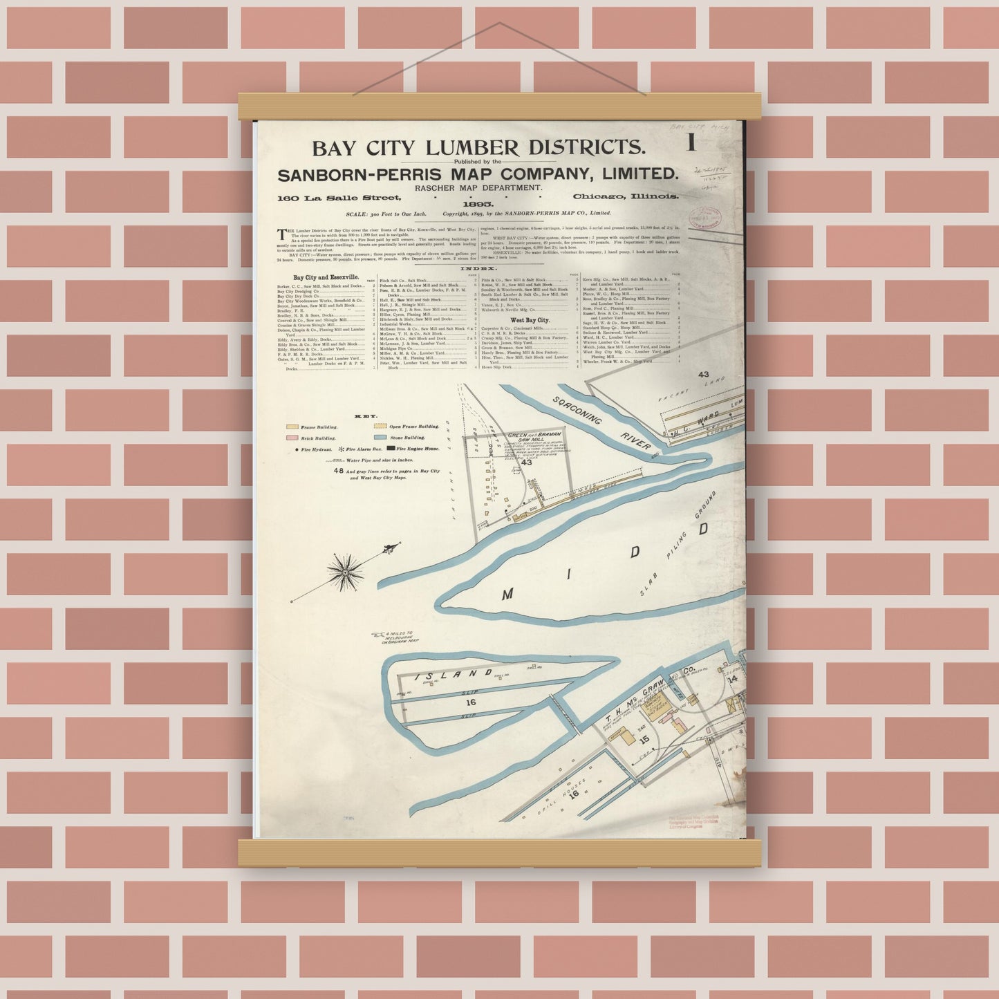 Old map wall art mockup — magnetic wood frame on brick wall — Sanborn Fire Insurance Map from Bay City, Bay County, Michigan (1895), Sheet #0001