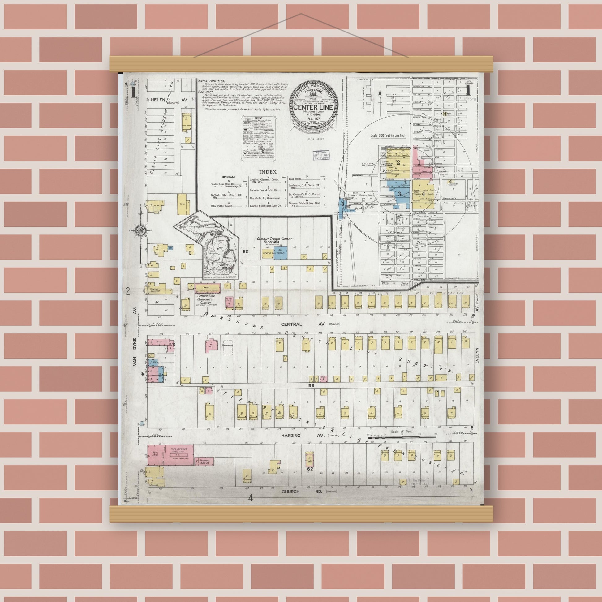 Old map wall art mockup — magnetic wood frame on brick wall — Sanborn Fire Insurance Map from Center Line, Macomb County, Michigan (1927) - Complete Map Set