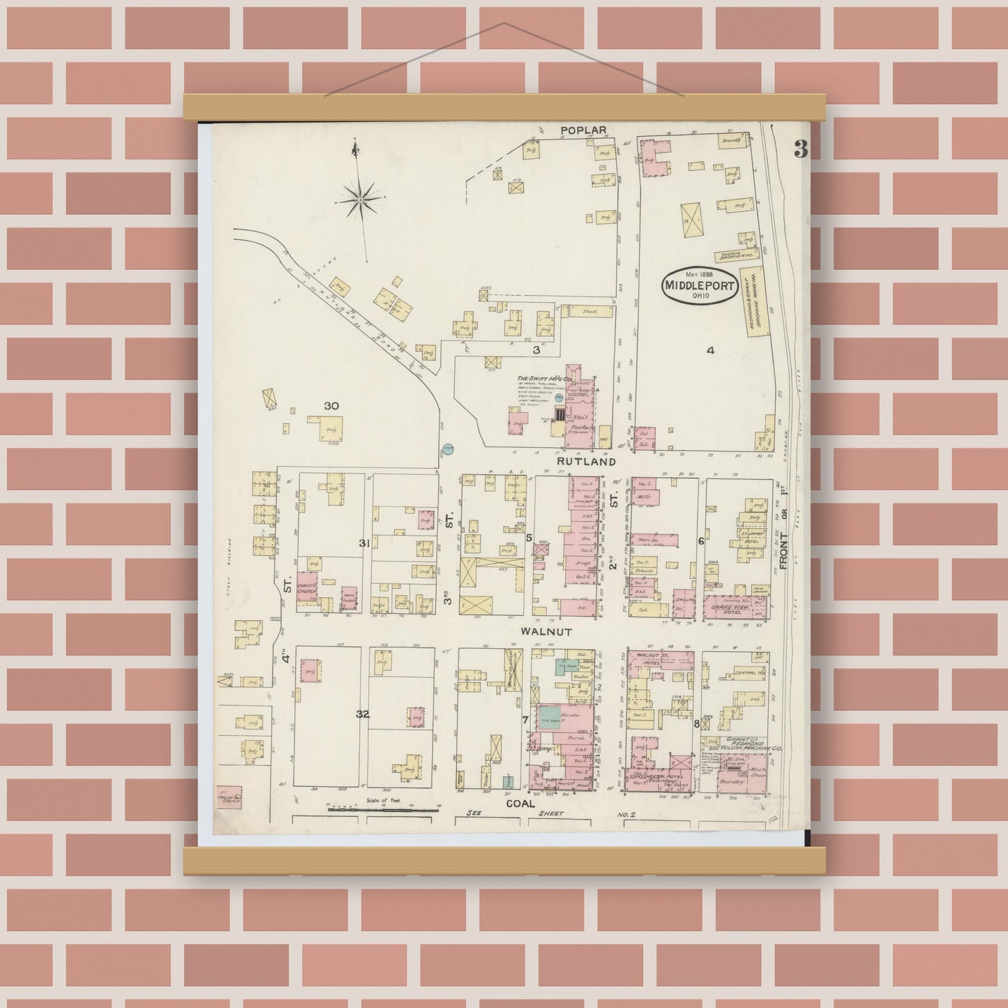 Old map wall art mockup — magnetic wood frame on brick wall — Sanborn Fire Insurance Map from Middleport, Meigs County, Ohio (1888), Sheet #0003
