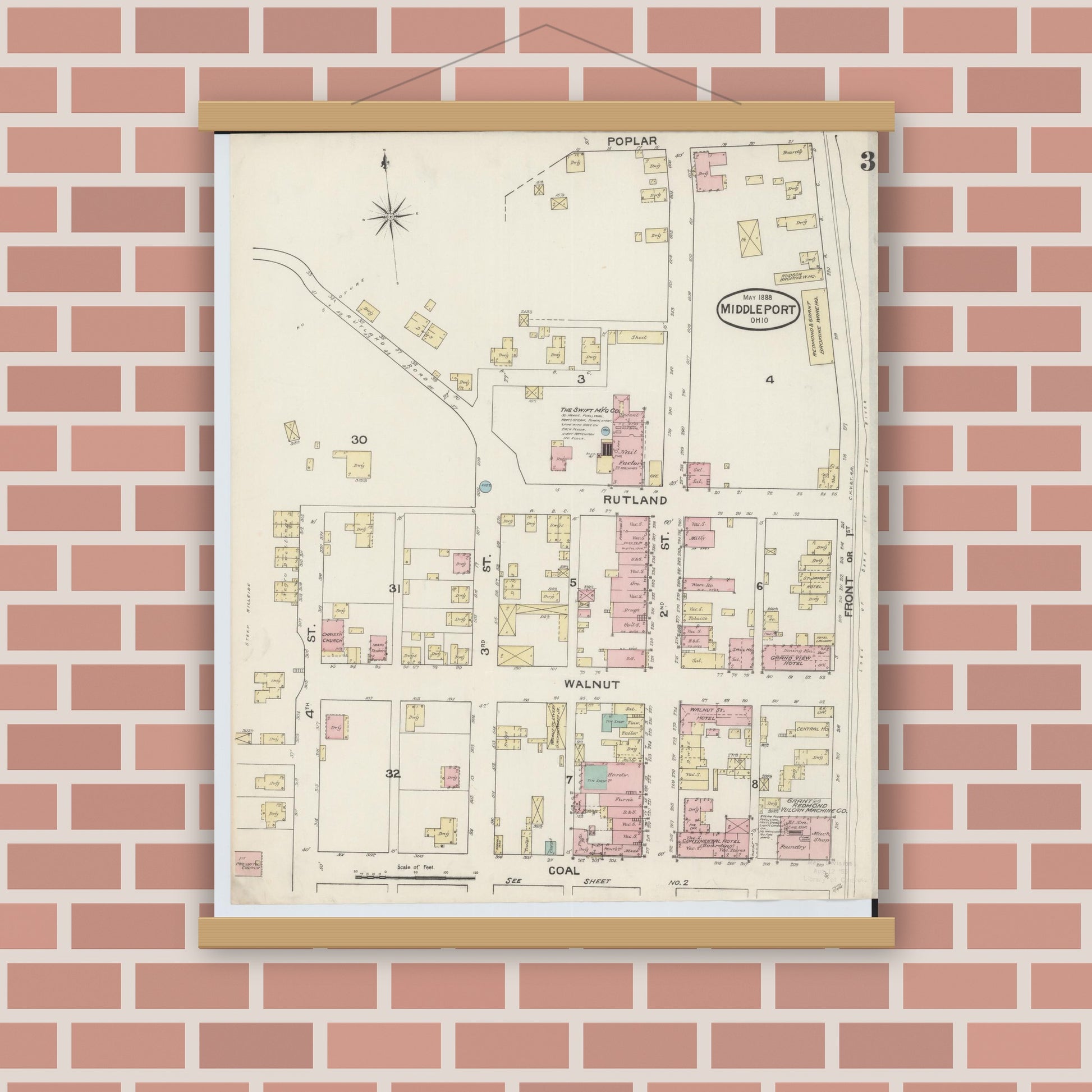 Old map wall art mockup — magnetic wood frame on brick wall — Sanborn Fire Insurance Map from Middleport, Meigs County, Ohio (1888), Sheet #0003