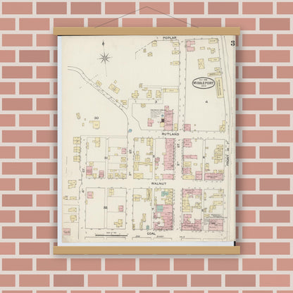 Old map wall art mockup — magnetic wood frame on brick wall — Sanborn Fire Insurance Map from Middleport, Meigs County, Ohio (1888), Sheet #0003