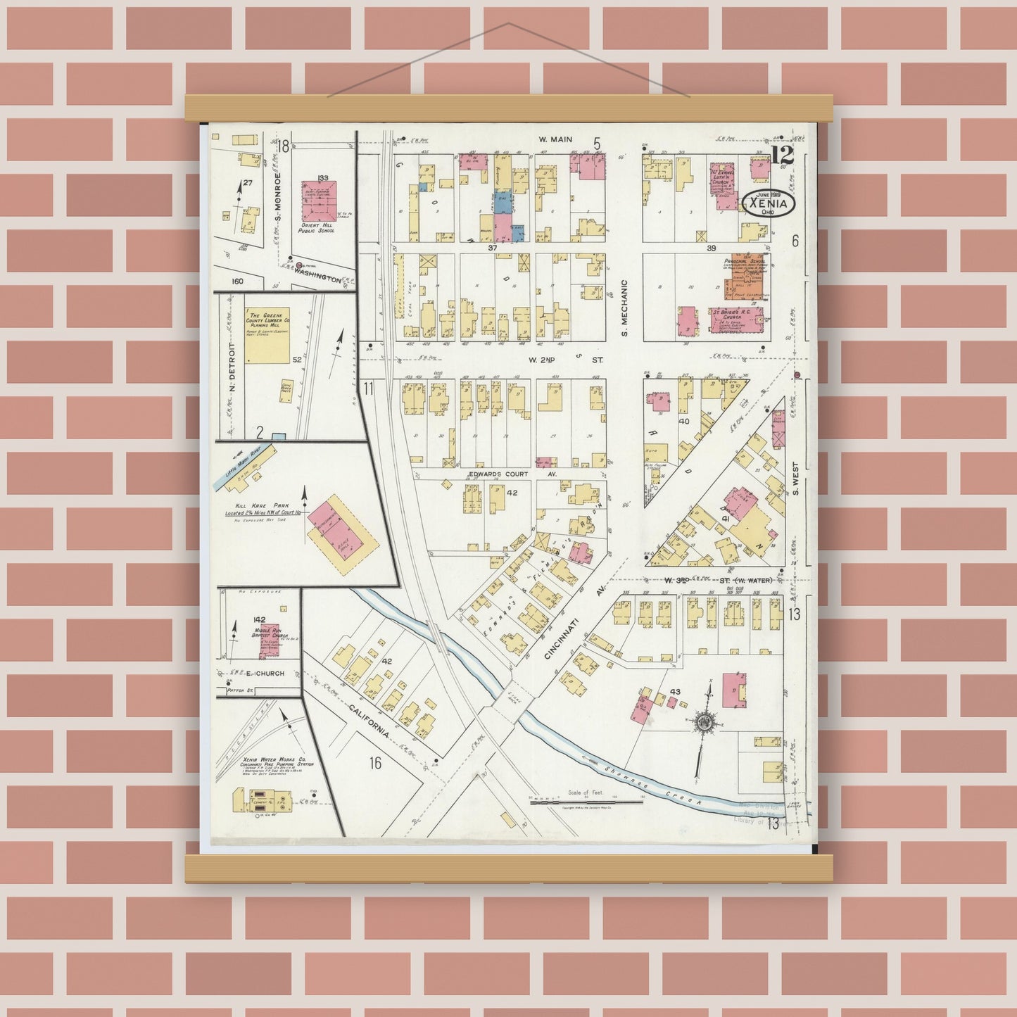 Old map wall art mockup — magnetic wood frame on brick wall — Sanborn Fire Insurance Map from Xenia, Greene County, Ohio (1919), Sheet #0012
