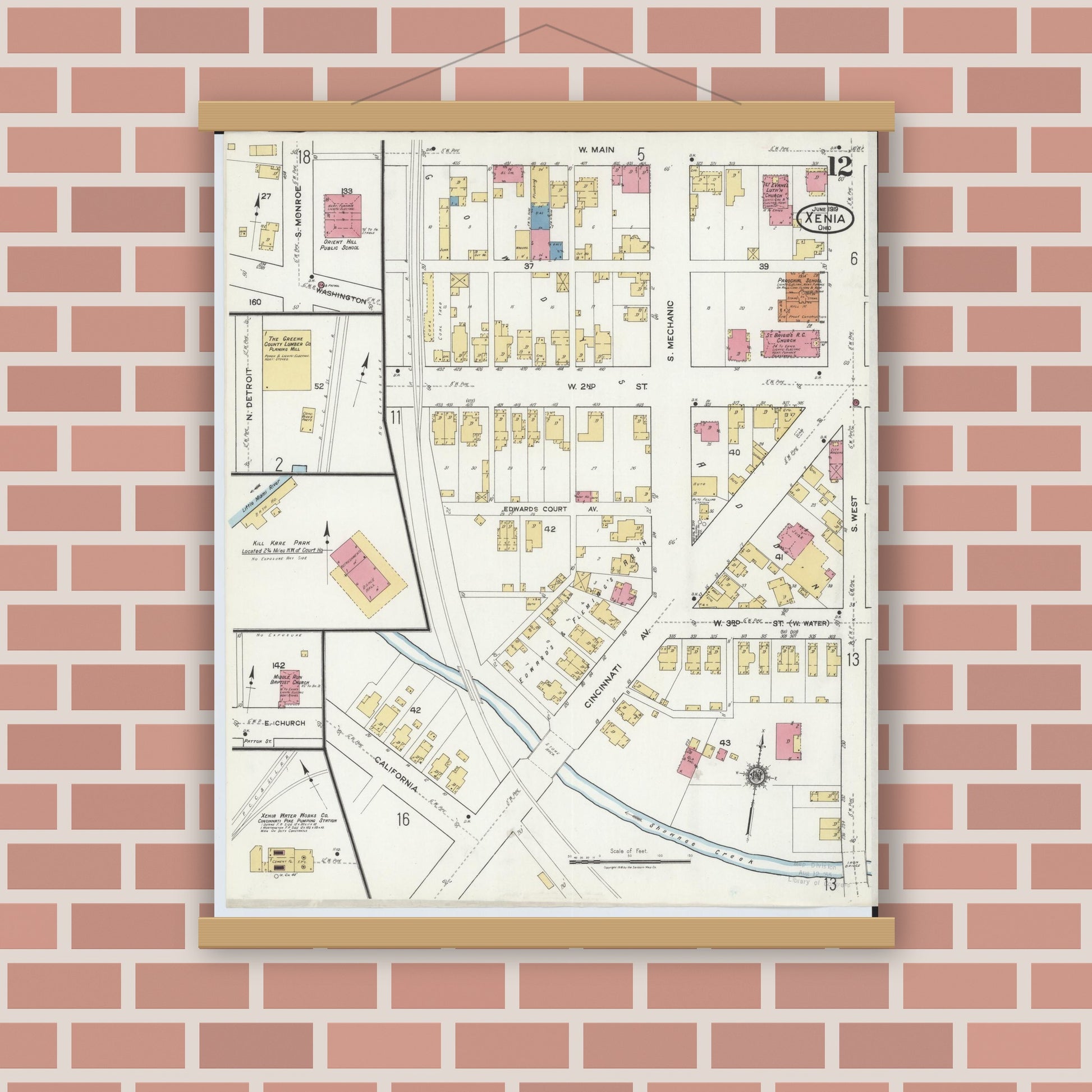 Old map wall art mockup — magnetic wood frame on brick wall — Sanborn Fire Insurance Map from Xenia, Greene County, Ohio (1919), Sheet #0012