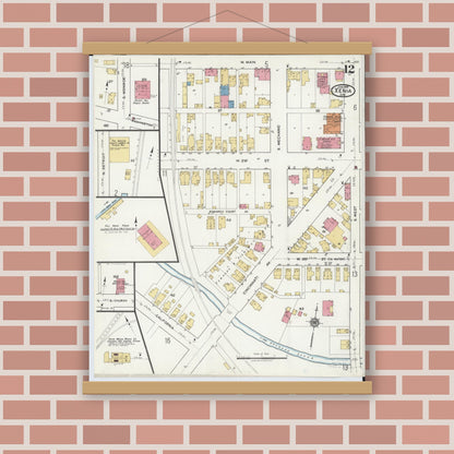 Old map wall art mockup — magnetic wood frame on brick wall — Sanborn Fire Insurance Map from Xenia, Greene County, Ohio (1919), Sheet #0012