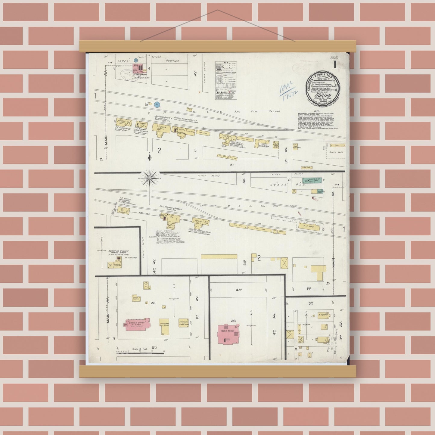 Old map wall art mockup — magnetic wood frame on brick wall — Sanborn Fire Insurance Map from Adrian, Nobles County, Minnesota (1899), Sheet #0001