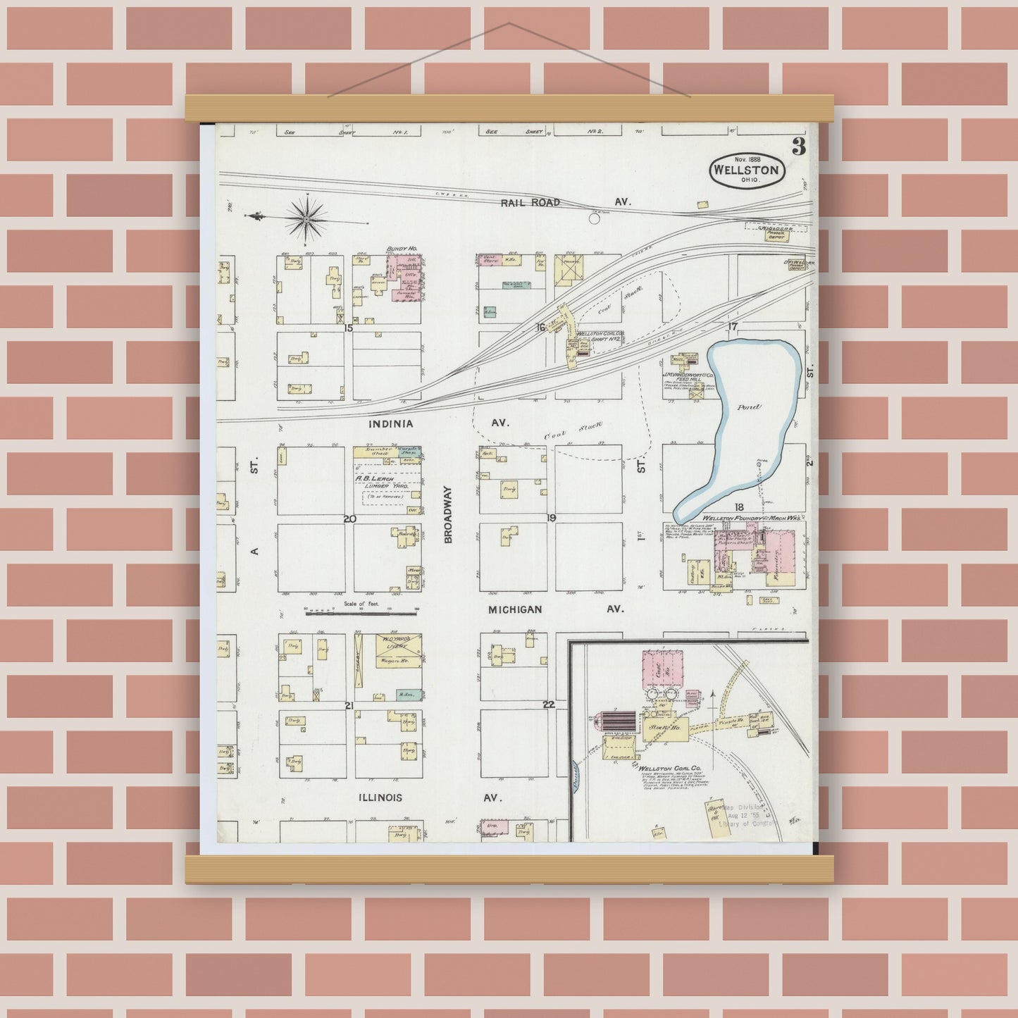 Old map wall art mockup — magnetic wood frame on brick wall — Sanborn Fire Insurance Map from Wellston, Jackson County, Ohio (1888), Sheet #0003