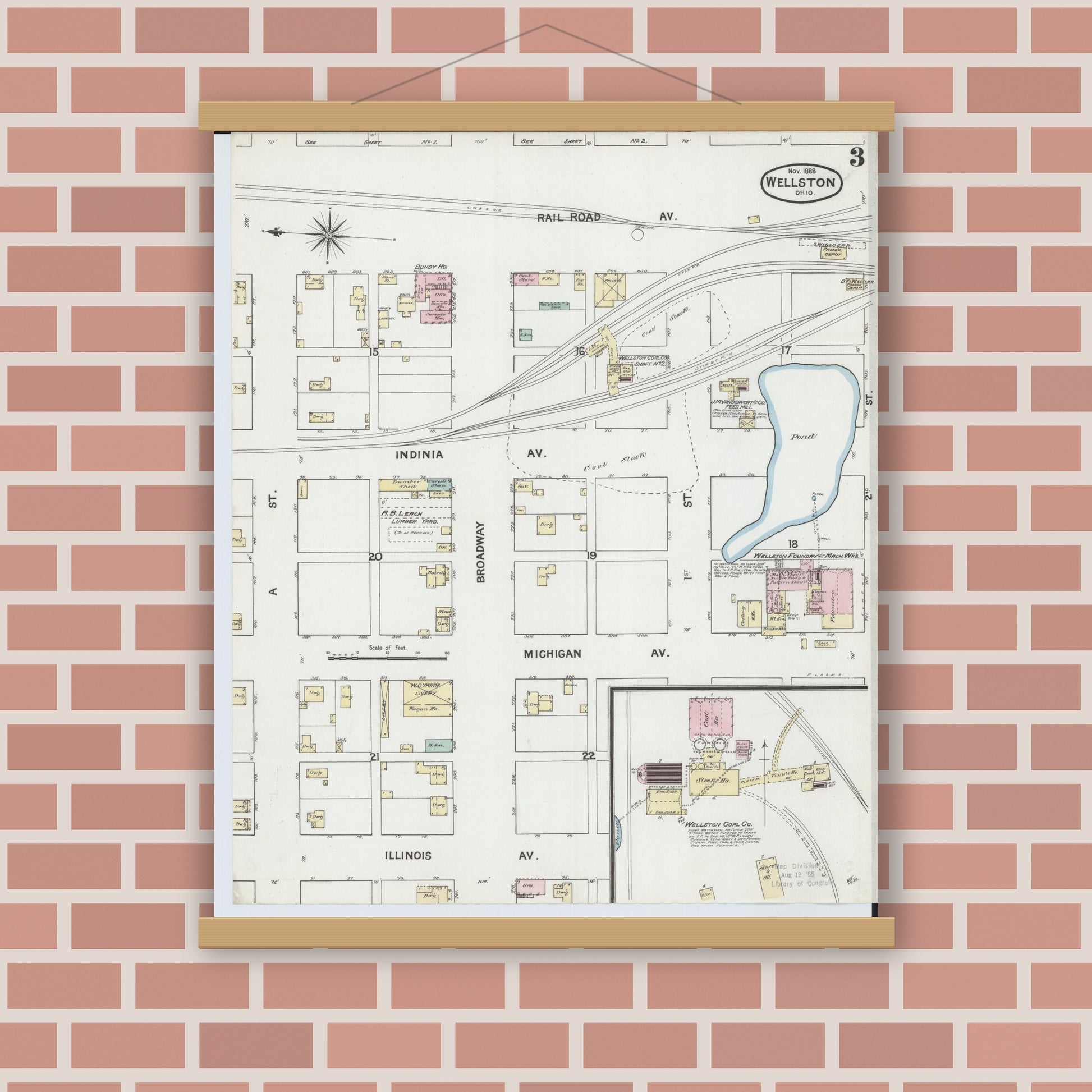Old map wall art mockup — magnetic wood frame on brick wall — Sanborn Fire Insurance Map from Wellston, Jackson County, Ohio (1888), Sheet #0003
